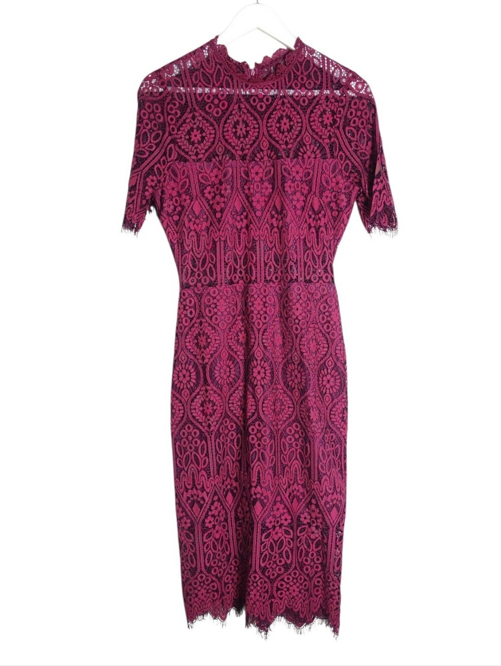 Lulus Remarkable Magenta Black Sheer Lace Midi Dress Short Sleeve Small